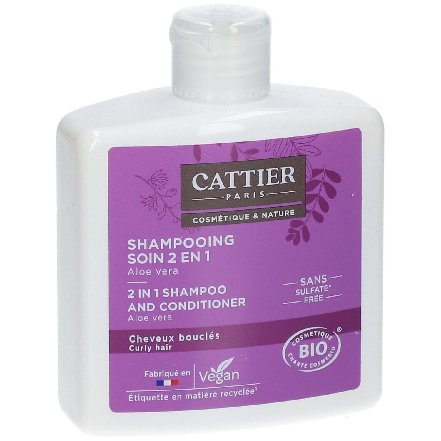 Flacon blanc avec étiquette violette. Texte: CATTIER, Shampooing Soin 2-en-1, 2 in 1 Shampoo and Conditioner, Cheveux bouclés, Vegan.