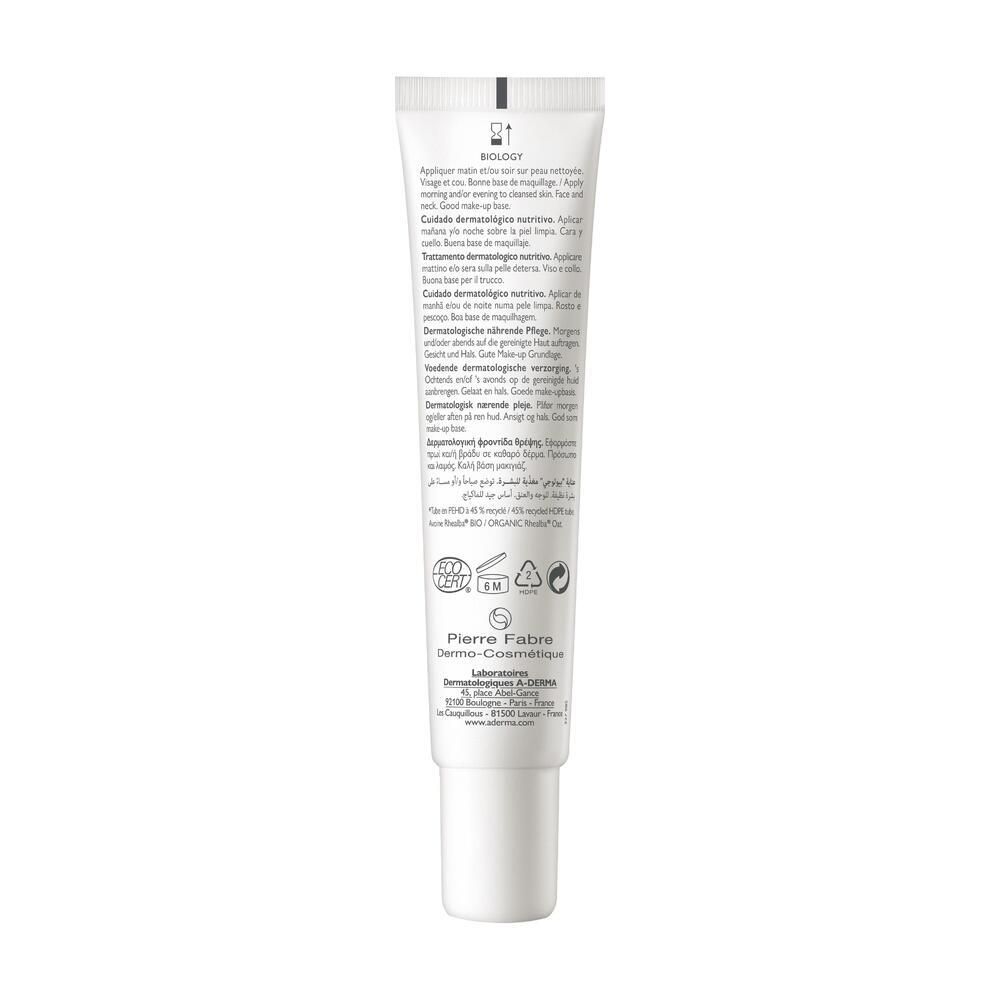Dos du tube A-DERMA BIOLOGY NUTRI. Texte multilingue. Fabricant : Pierre Fabre.