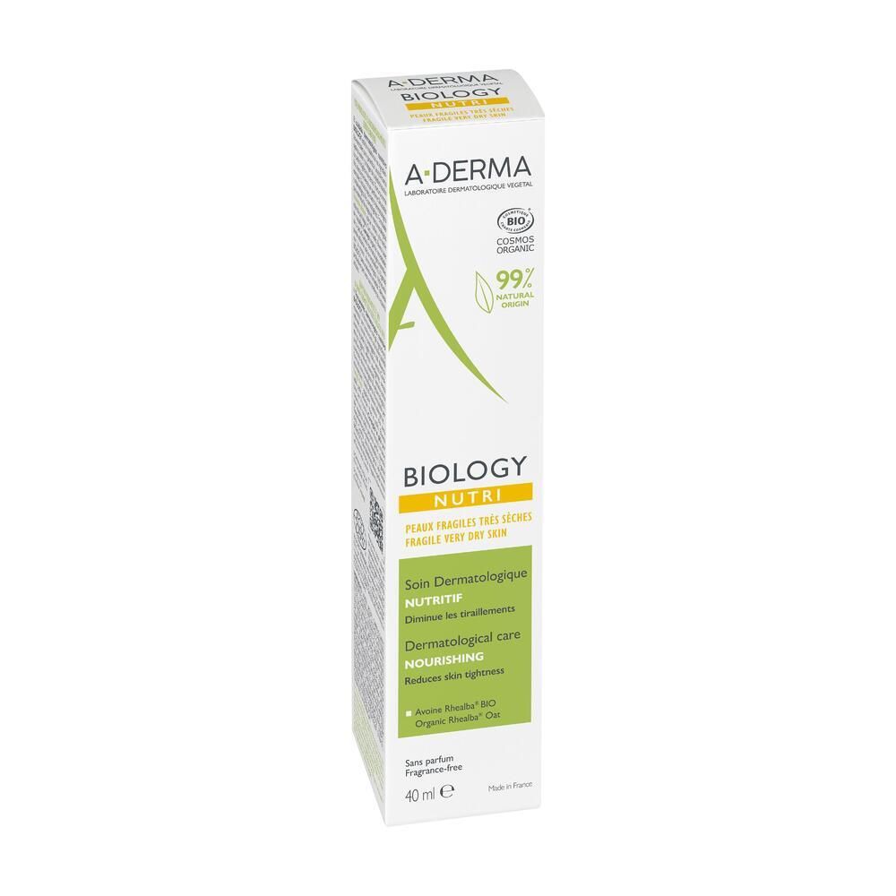 A-DERMA BIOLOGY NUTRI. Boîte et tube. 40 ml. Soin dermatologique pour peaux sèches. Bio.