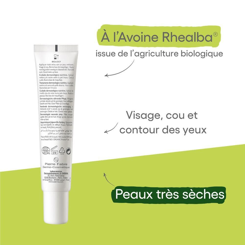 Tube A-DERMA BIOLOGY NUTRI. Texte : Avoine Rhealba, visage, cou, yeux. Peaux très sèches.