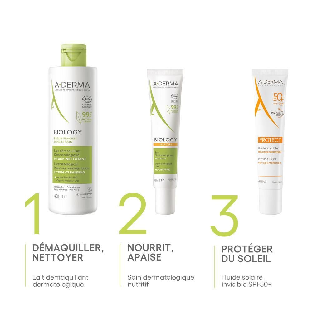 Produits A-DERMA. 1: Nettoyer. 2: Nourrir. 3: Protéger. Soins du visage.