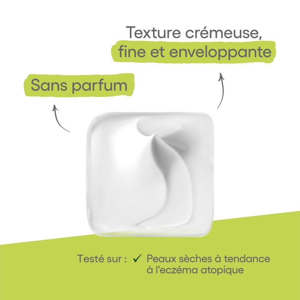 Texture crémeuse, sans parfum. Testé sur peaux sèches à tendance eczéma.