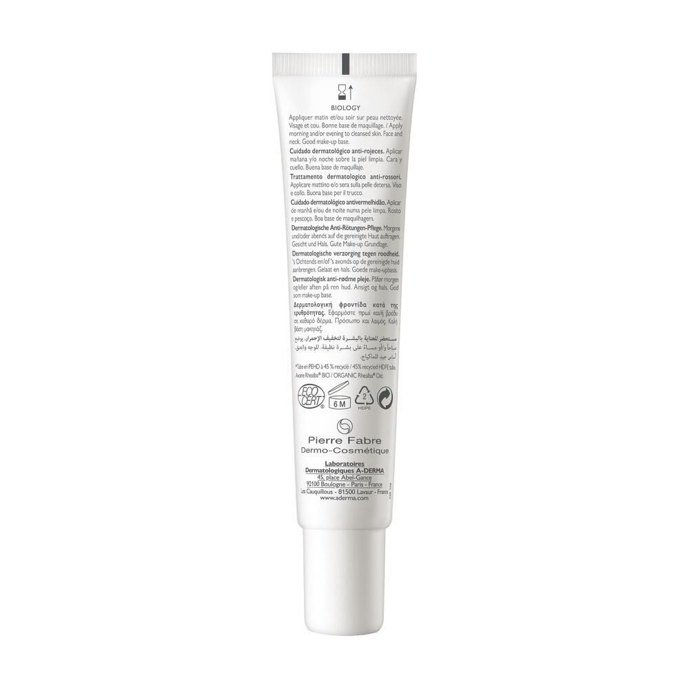 Dos du tube de crème A-DERMA BIOLOGY AR. Texte multilingue. Logo Pierre Fabre. Certifications.
