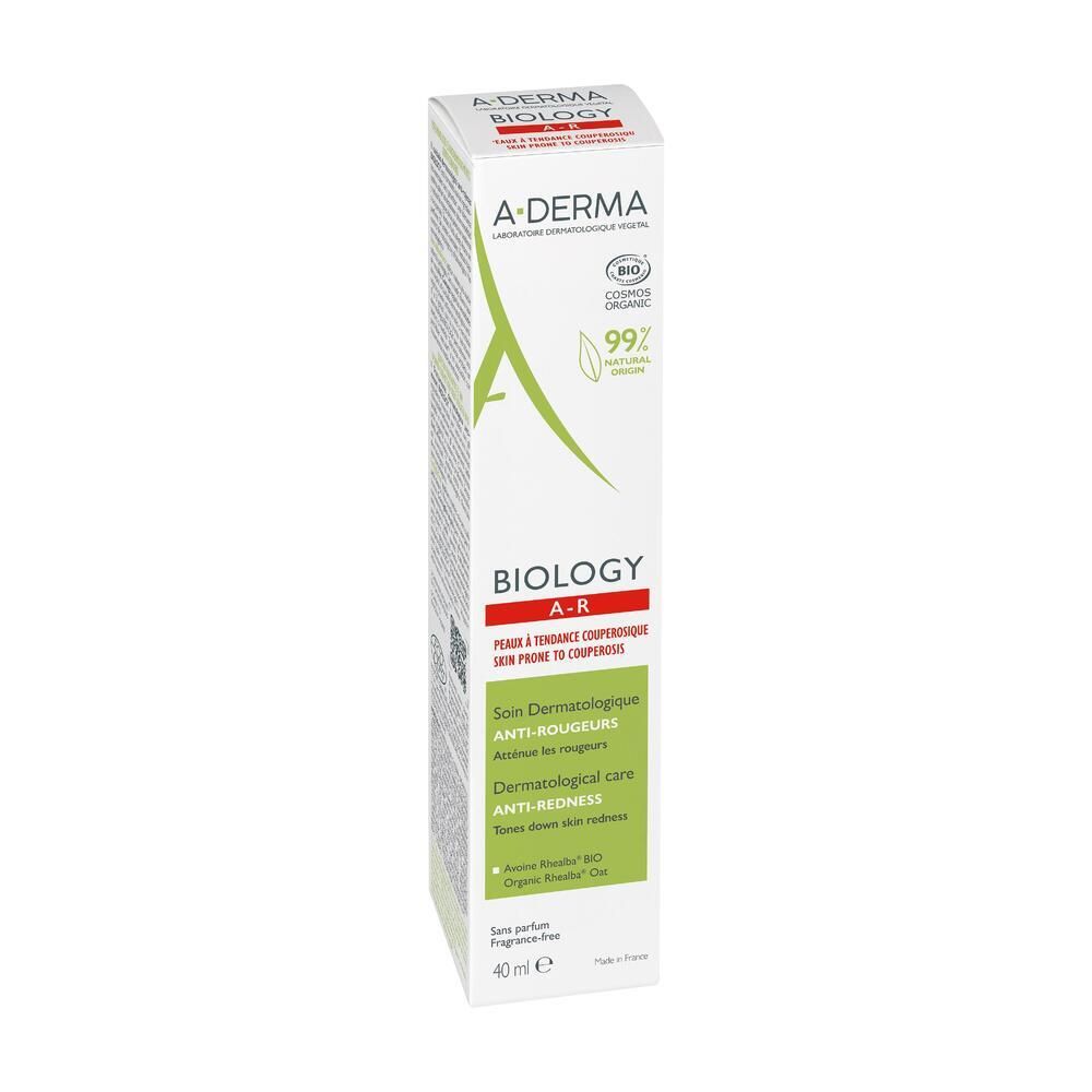 Emballage A-DERMA BIOLOGY AR. Blanc avec des accents verts. Texte : BIOLOGY A-R, Soin dermatologique anti-rougeurs. 40 ml.