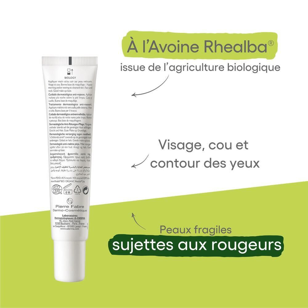 Graphique avec texte et flèches. Texte : À l'Avoine Rhealba, Visage, cou et contour des yeux, Peaux fragiles sujettes aux rougeurs.