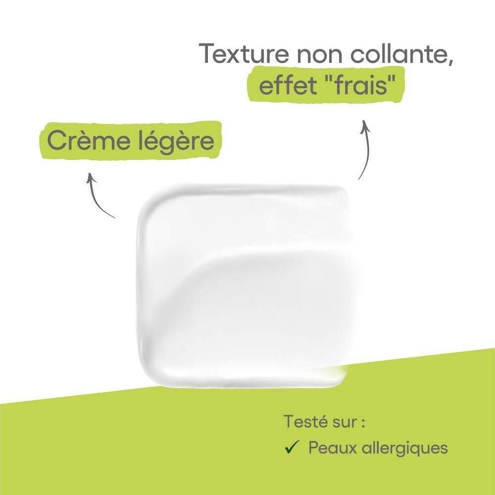 Texture de crème. Texte : Crème légère, Texture non collante, effet "frais". Testé sur peaux allergiques.