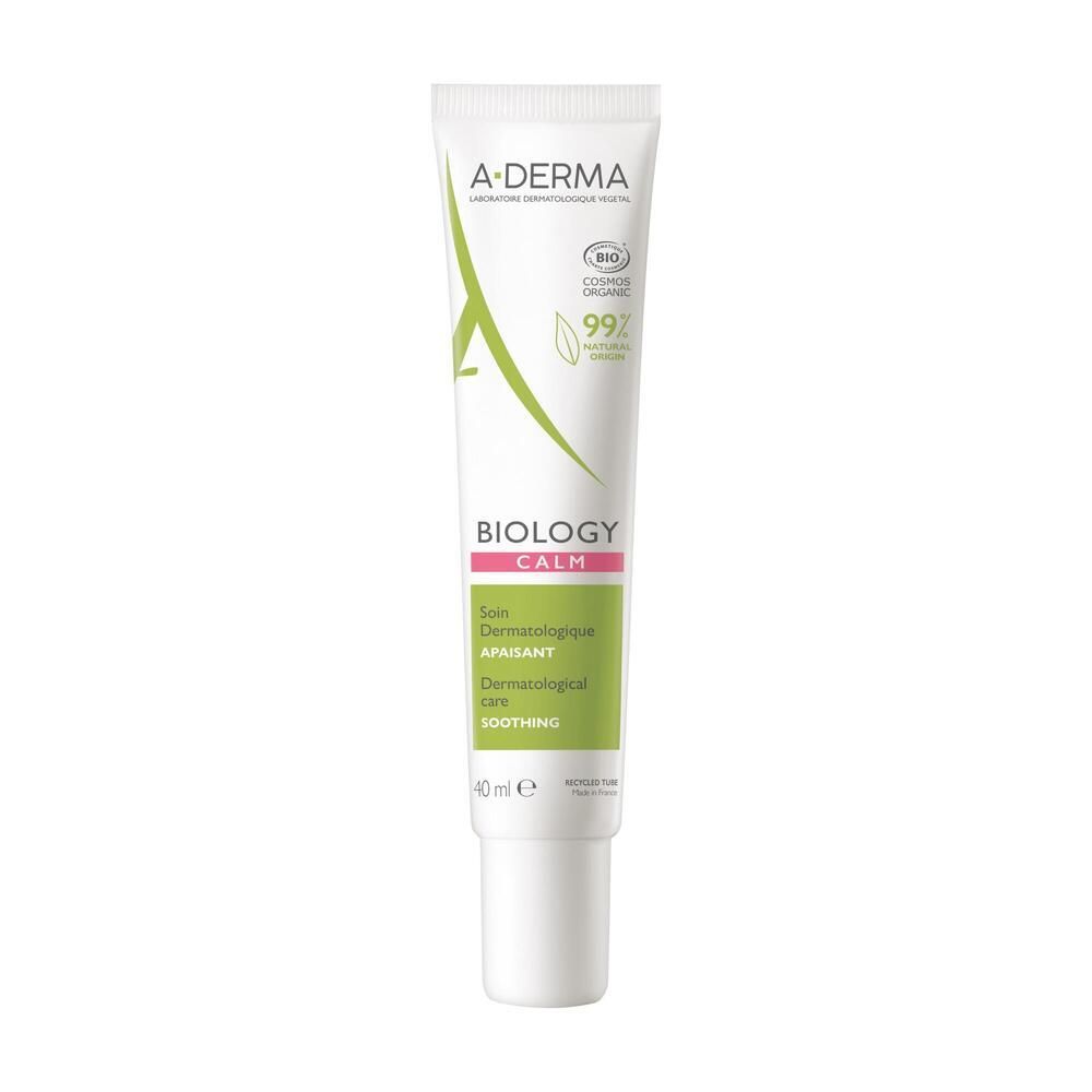 Tube A-DERMA BIOLOGY CALM. Blanc, accents verts et roses. Contient 40 ml. Certifié COSMOS ORGANIC.