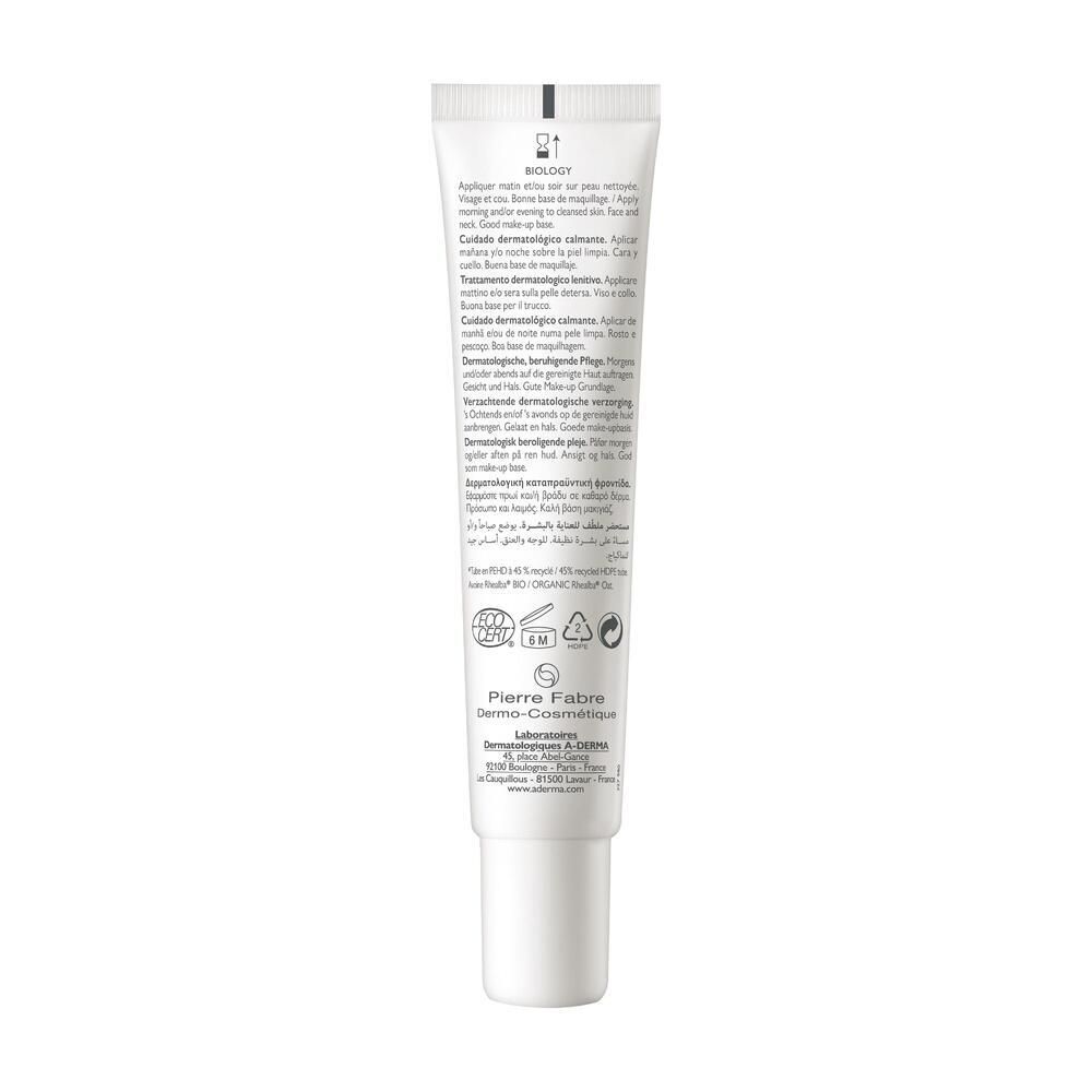Dos du tube A-DERMA BIOLOGY CALM. Blanc, texte multilingue. Contient des informations sur le produit.