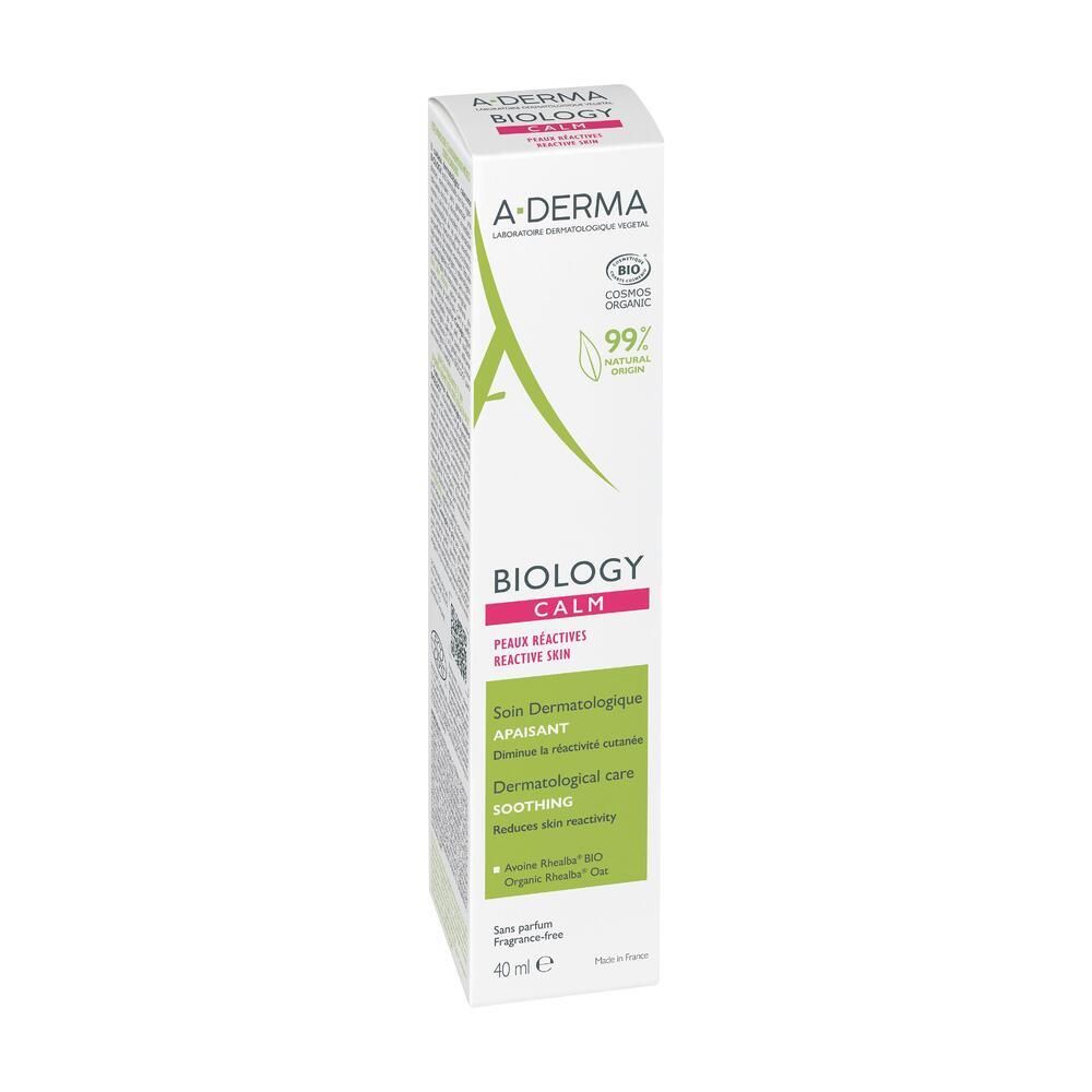Emballage A-DERMA BIOLOGY CALM. Blanc avec accents verts et roses. Contient 40 ml. Certifié COSMOS ORGANIC.