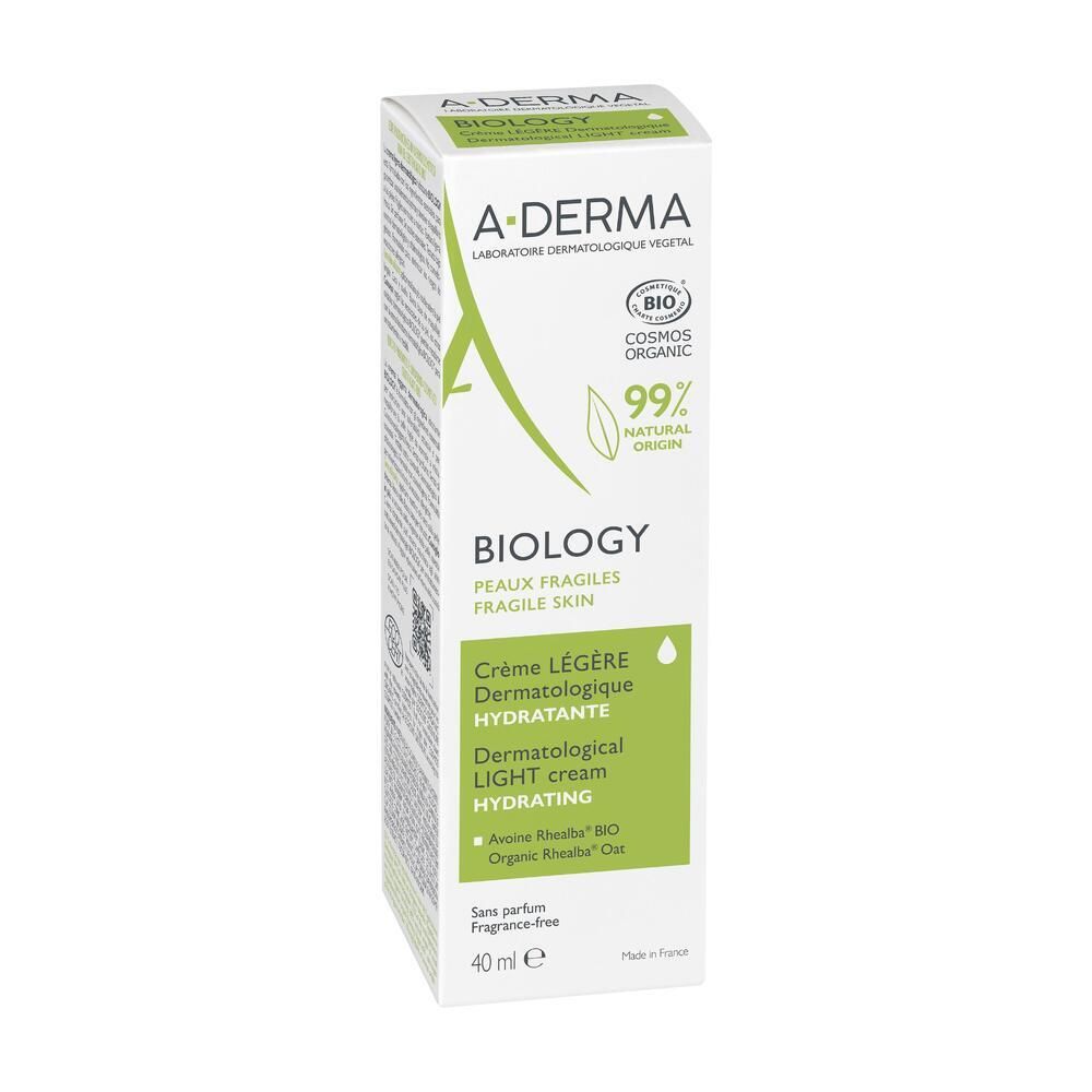 Boîte A-DERMA BIOLOGY. Crème Légère, 40 ml. COSMOS ORGANIC. Pour peaux fragiles. Fabriqué en France.