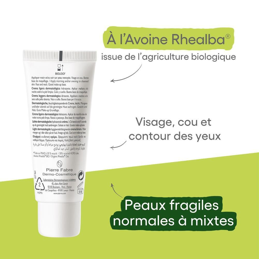 Dos de la boîte A-DERMA BIOLOGY. Texte: Avoine Rhealba BIO. Peaux fragiles. Visage, cou, yeux.