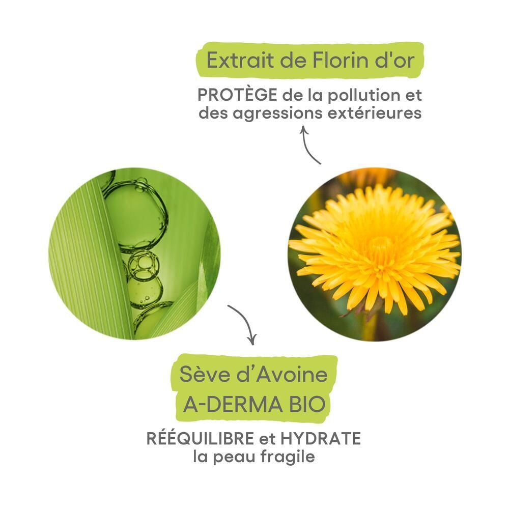 Graphique ingrédients. Extrait de Florin d'or. Sève d'Avoine A-DERMA BIO. Pour peaux fragiles.