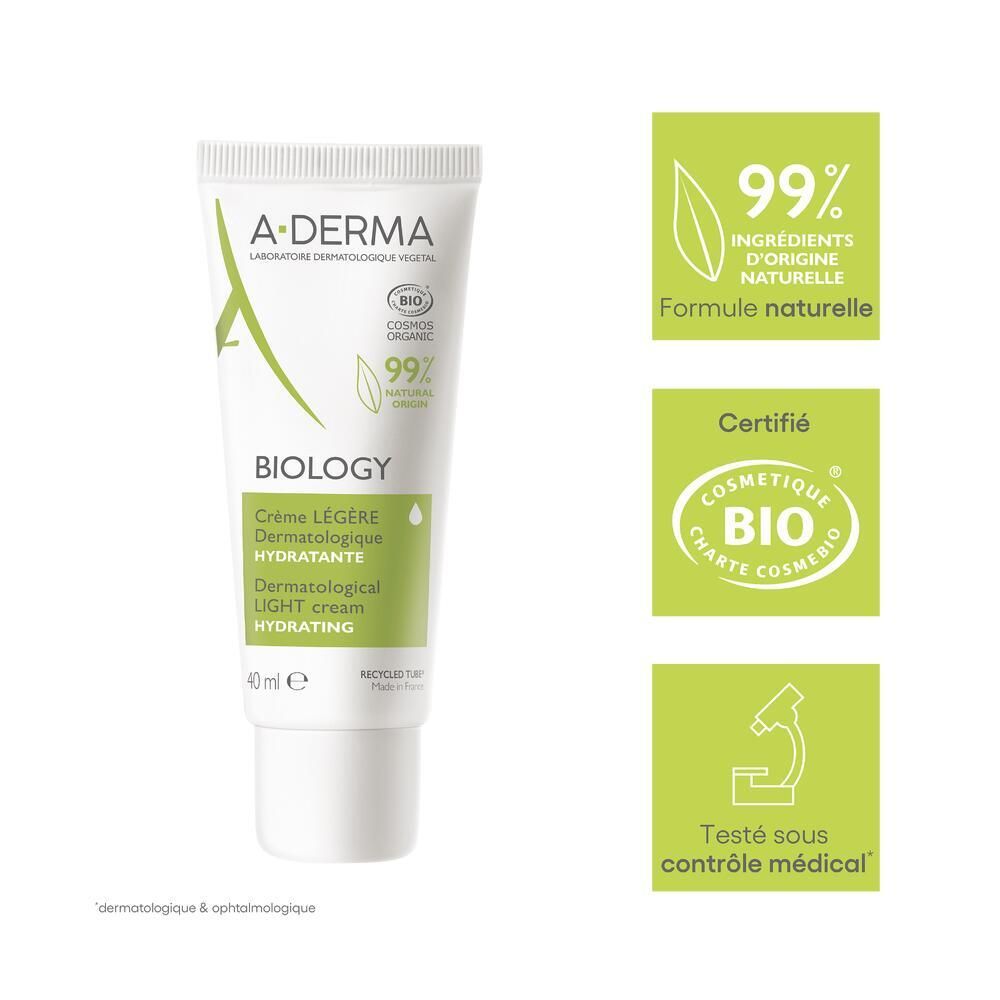 Tube A-DERMA BIOLOGY. Crème Légère, 40 ml. Certifications COSMOS ORGANIC et test médical.