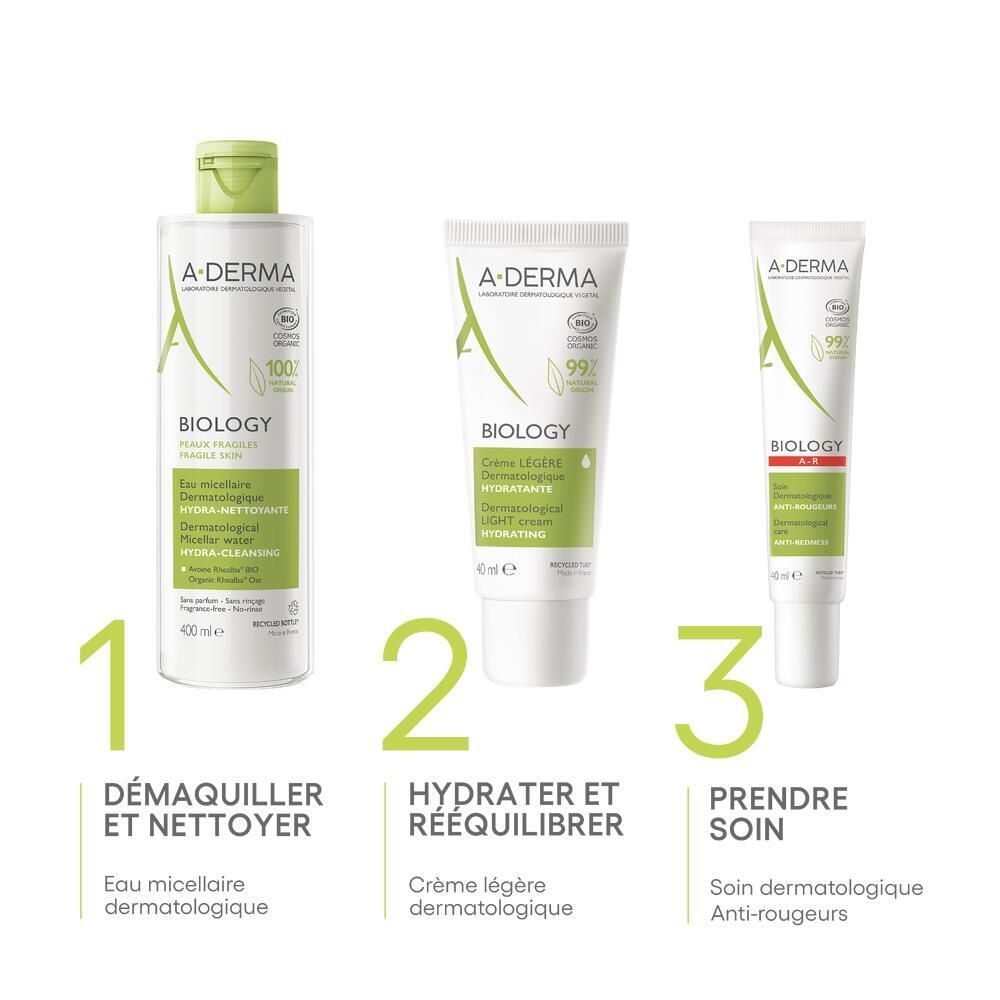 Trois produits A-DERMA BIOLOGY. Eau micellaire, crème et soin yeux. Noms et utilisations.