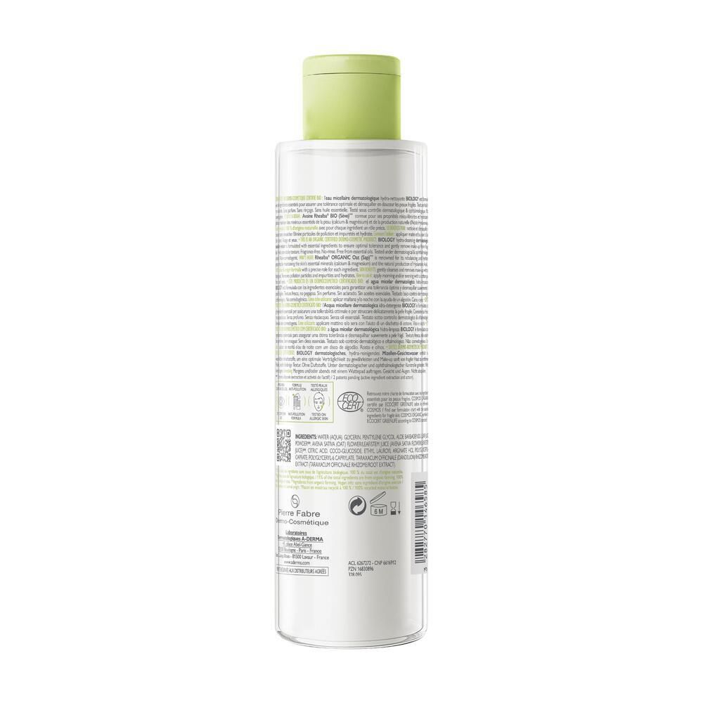 Dos du flacon d'eau micellaire A-DERMA BIOLOGY. Texte multilingue. Autocollant vert avec ingrédients.