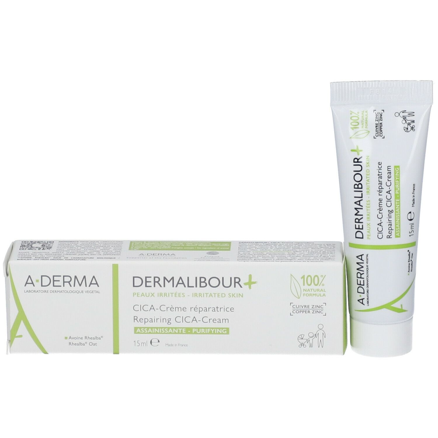 Produit et emballage. A-DERMA DERMALIBOUR+ CICA Crème réparatrice. 15ml. Avec emballage. Design vert et blanc.