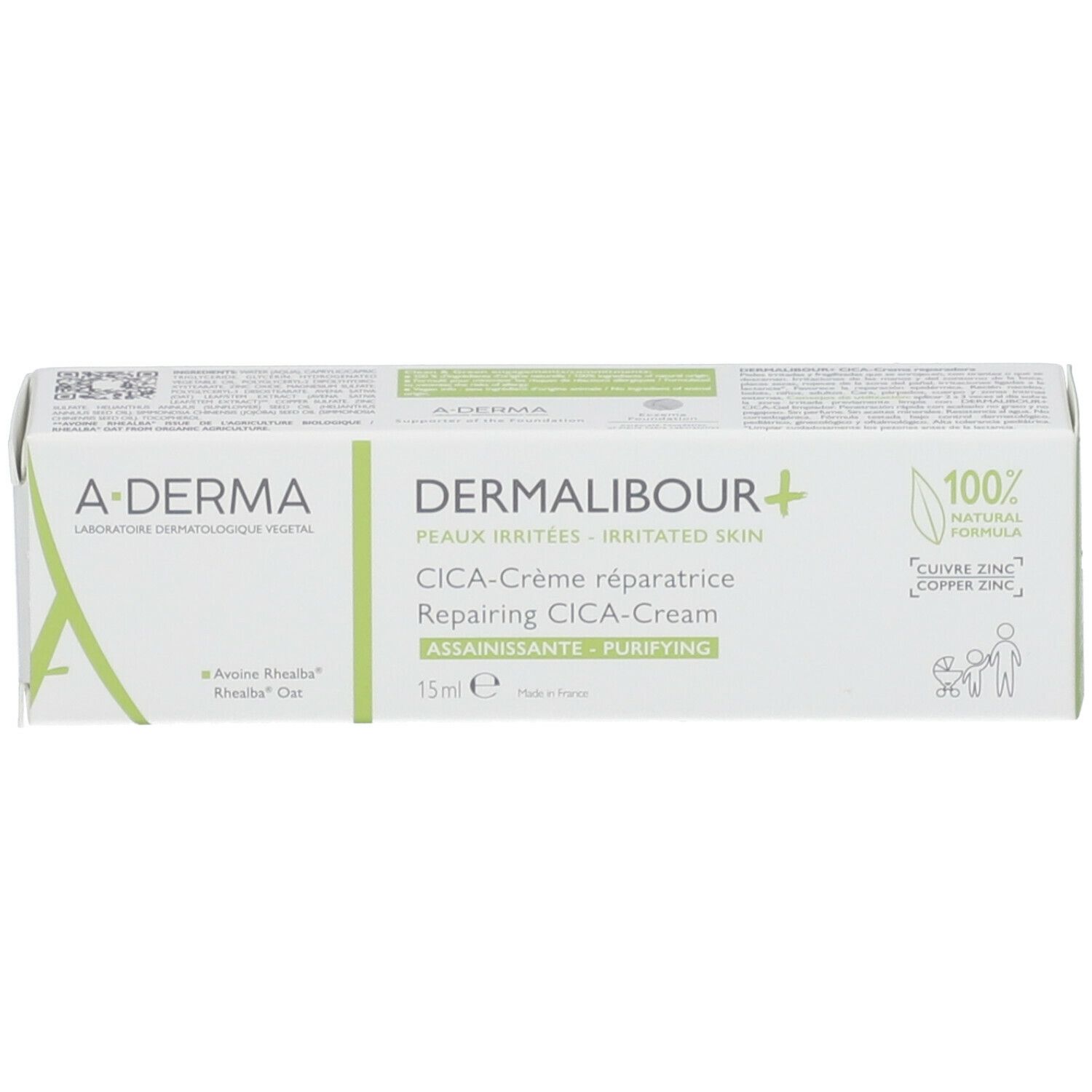 Emballage de A-DERMA DERMALIBOUR+ CICA Crème réparatrice. Design vert et blanc. Texte: 15ml, pour peaux irritées.