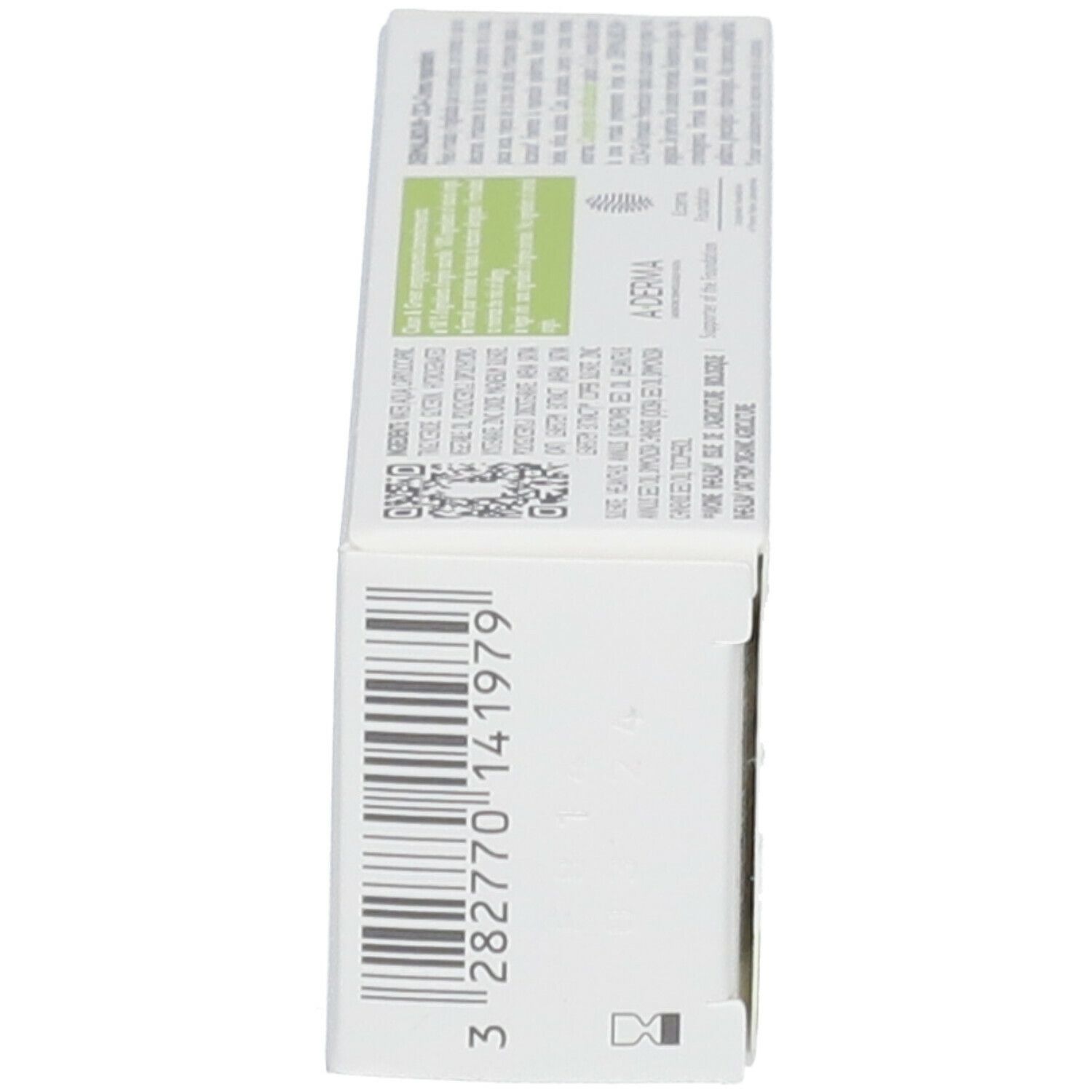 Vue latérale de l'emballage. Code-barres et informations A-DERMA. Design vert et blanc.