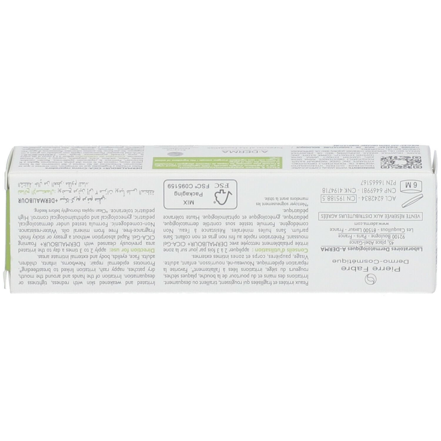 Dos de l'emballage. Texte, ingrédients et informations de recyclage. Design vert et blanc.