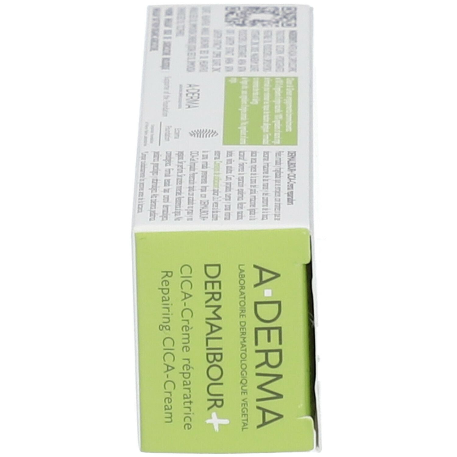 Vue latérale de l'emballage. A-DERMA DERMALIBOUR+ CICA Crème réparatrice. Design vert et blanc.