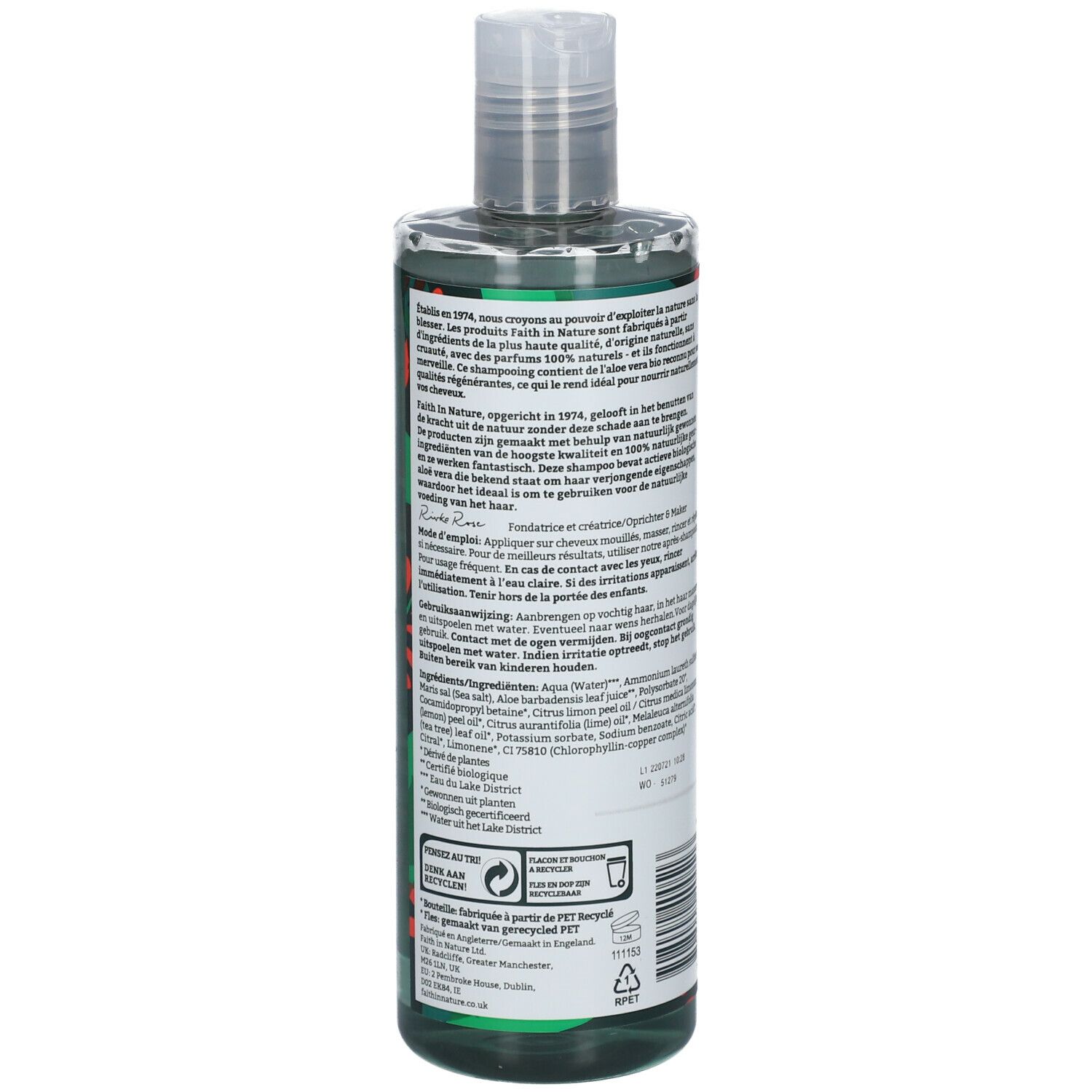 Rückseite einer grünen Flasche mit Text. Enthält Informationen über Inhaltsstoffe und Hersteller. Recycling-Symbol.