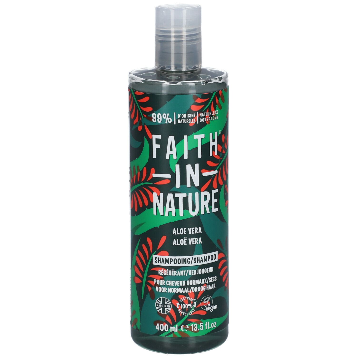 Grüne Flasche mit rotem und grünem Muster. Aufschrift: FAITH IN NATURE, Aloe Vera, Shampoo. 400 ml.