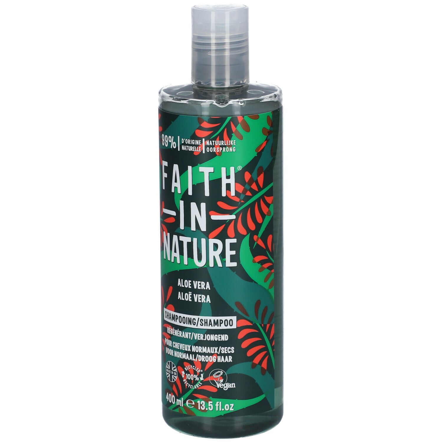 Grüne Flasche mit rotem und grünem Muster. Aufschrift: FAITH IN NATURE, Aloe Vera, Shampoo. 400 ml.
