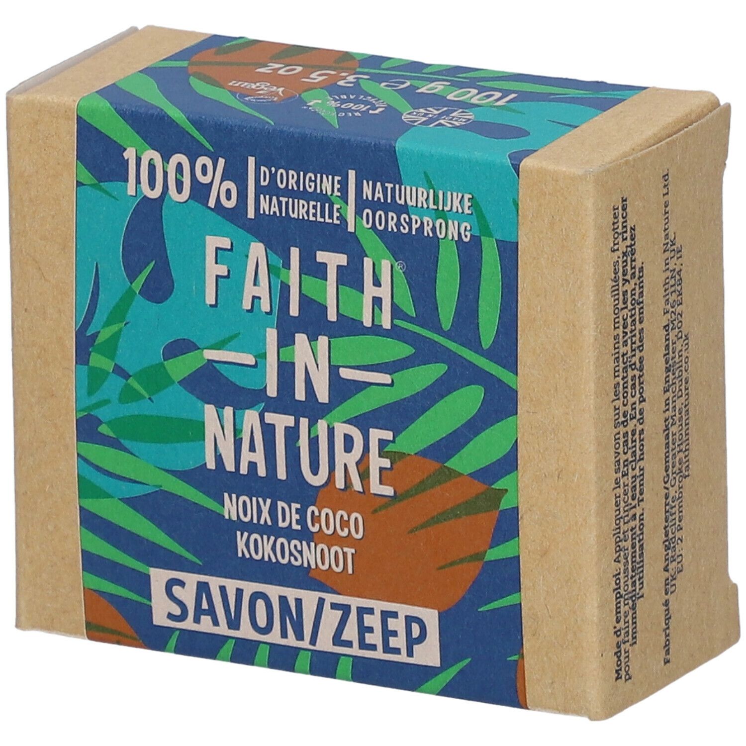 Kartonverpackung mit Aufdruck. Text: FAITH IN NATURE, Kokosnuss, Savon/Zeep. Grün-blaue Musterung. Vegan-Siegel.