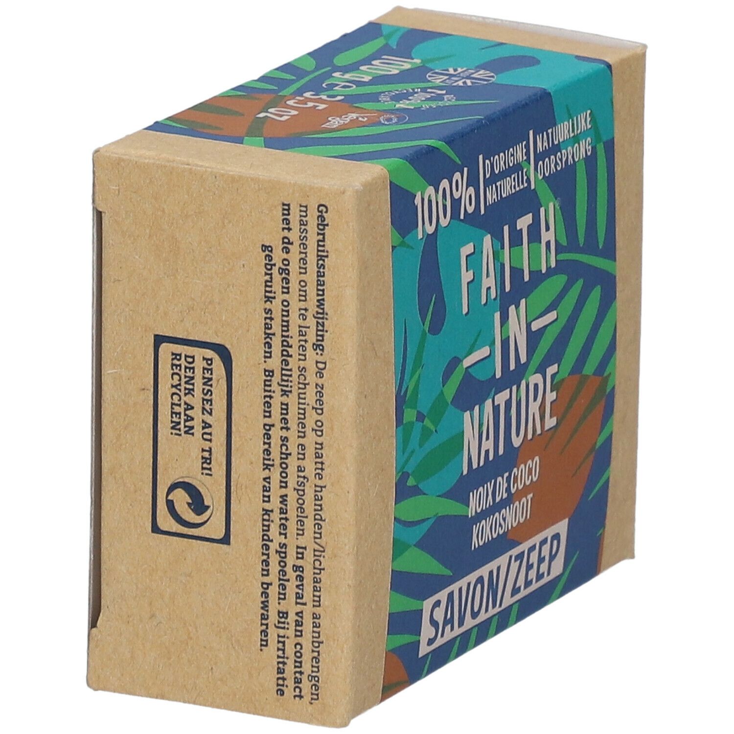 Kartonverpackung mit Text: FAITH IN NATURE, Kokosnuss, Savon/Zeep. Grün-blaue Musterung. Vegan-Siegel. Recycling-Symbol.