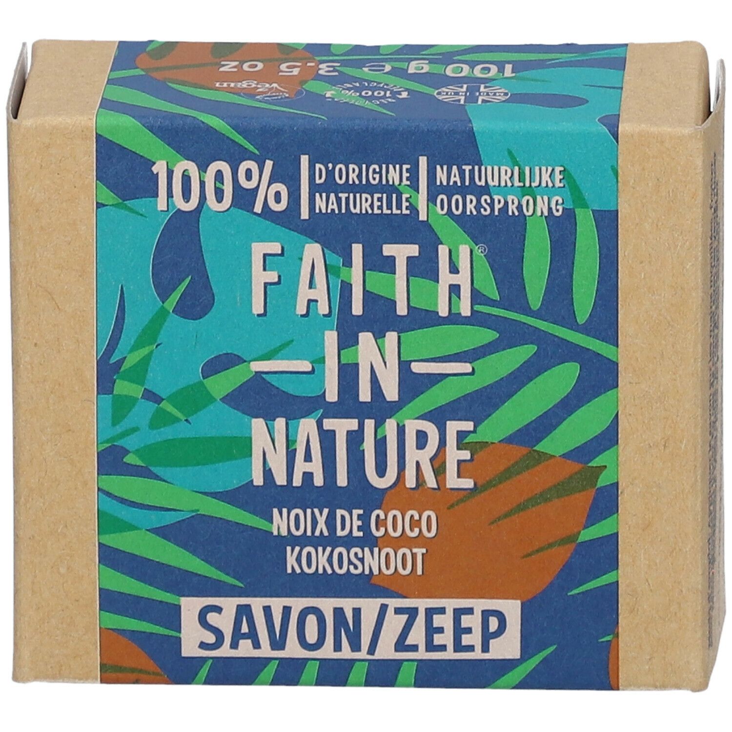 Kartonverpackung mit Text: FAITH IN NATURE, Kokosnuss, Savon/Zeep. Grün-blaue Musterung. Vegan-Siegel.
