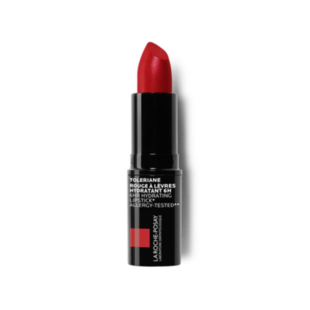 Rouge à lèvres rouge. Étui noir avec texte blanc. Marque La Roche-Posay.