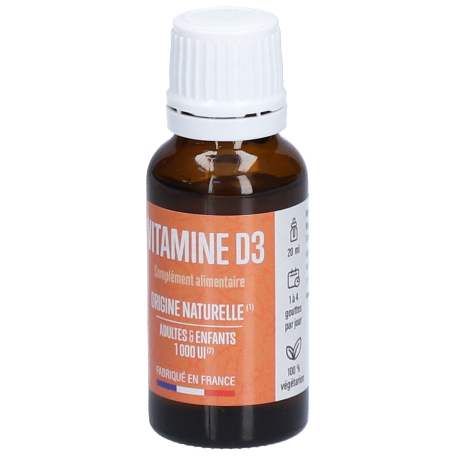 Braune Glasflasche mit weißem Deckel. Etikett mit Text: VITAMINE D3, Origine Naturelle, Adultes & Enfants, 1000 UI. 20 ml, 1-4 Tropfen.