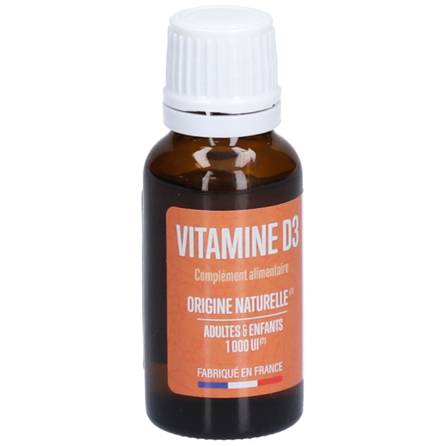 Braune Glasflasche mit weißem Deckel. Etikett mit Text: VITAMINE D3, Origine Naturelle, Adultes & Enfants, 1000 UI. Hergestellt in Frankreich.
