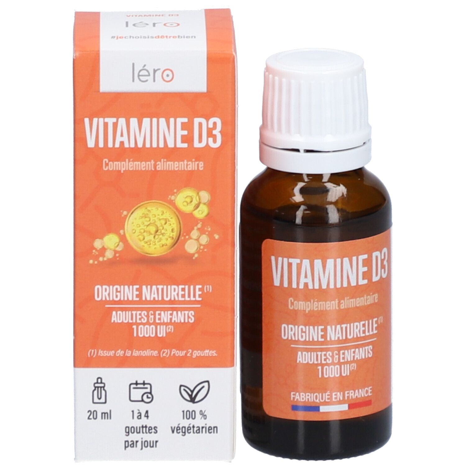 Produktverpackung und Flasche. Karton mit Text: léro, VITAMINE D3, Origine Naturelle, Adultes & Enfants, 1000 UI. Flasche daneben.