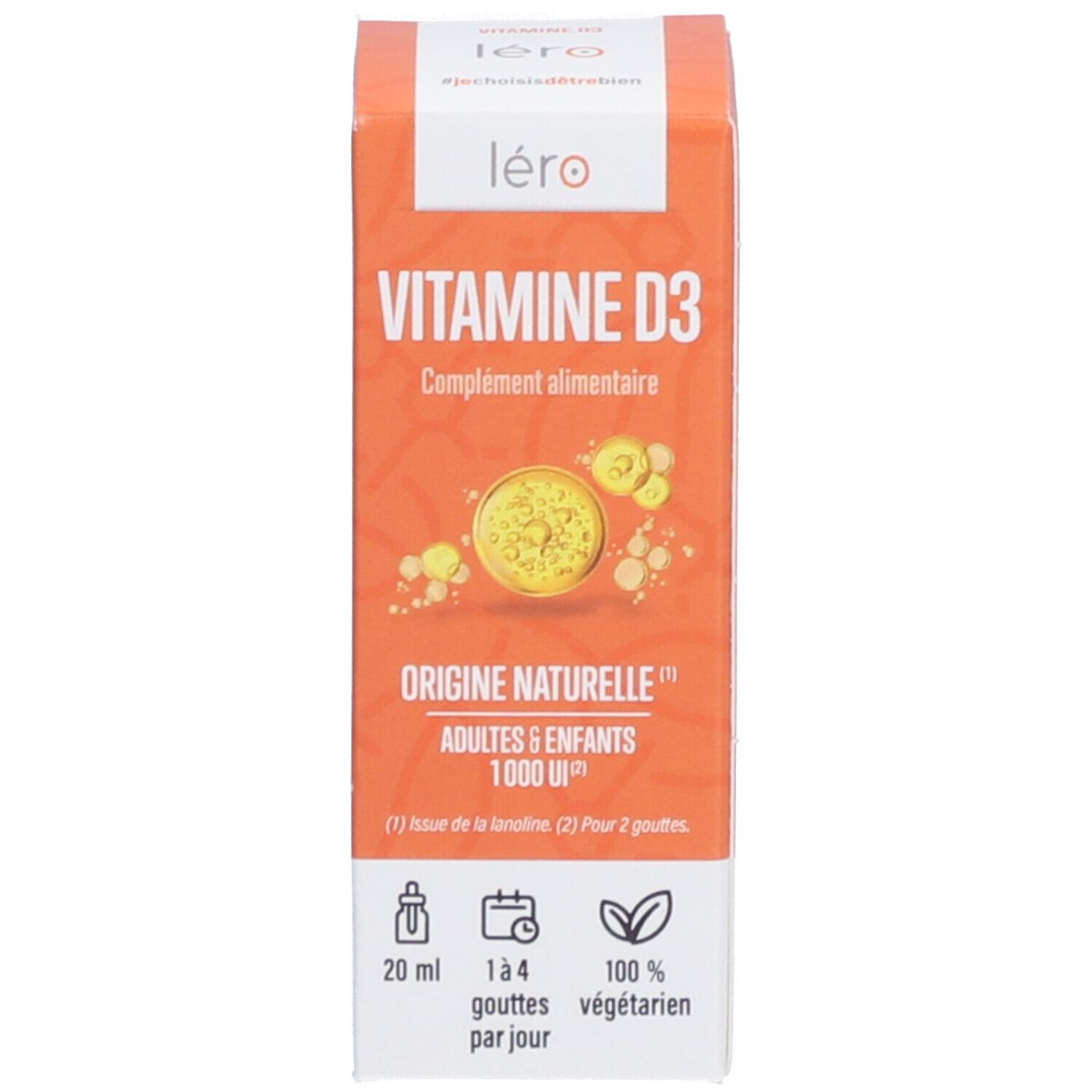 Produktverpackung. Karton mit Text: léro, VITAMINE D3, Origine Naturelle, Adultes & Enfants, 1000 UI. 20 ml, 1-4 Tropfen, 100% vegetarisch.