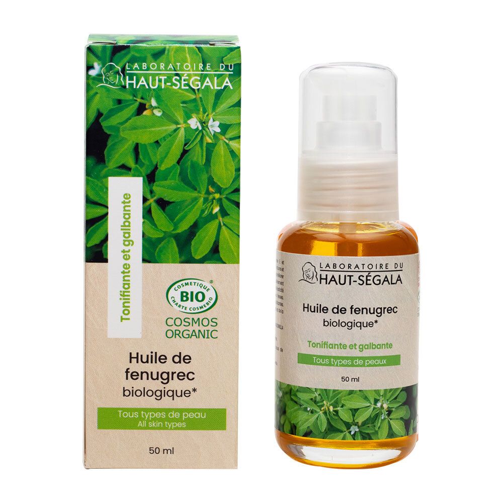 Flacon et boîte de produit. Inscription: Laboratoire du Haut-Ségala, Huile de fenugrec biologique, Cosmos Organic.
