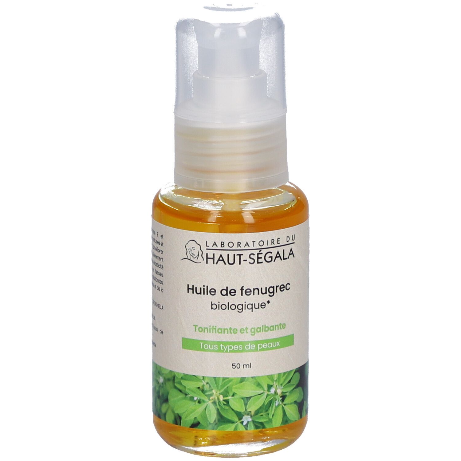 Flacon en verre avec pompe. Inscription: Laboratoire du Haut-Ségala, Huile de fenugrec biologique, Cosmos Organic. Texte au dos.