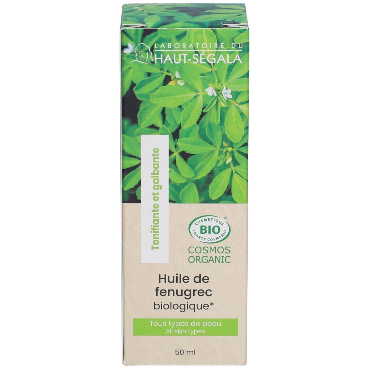 Boîte. Inscription: Laboratoire du Haut-Ségala, Huile de fenugrec biologique, Cosmos Organic.