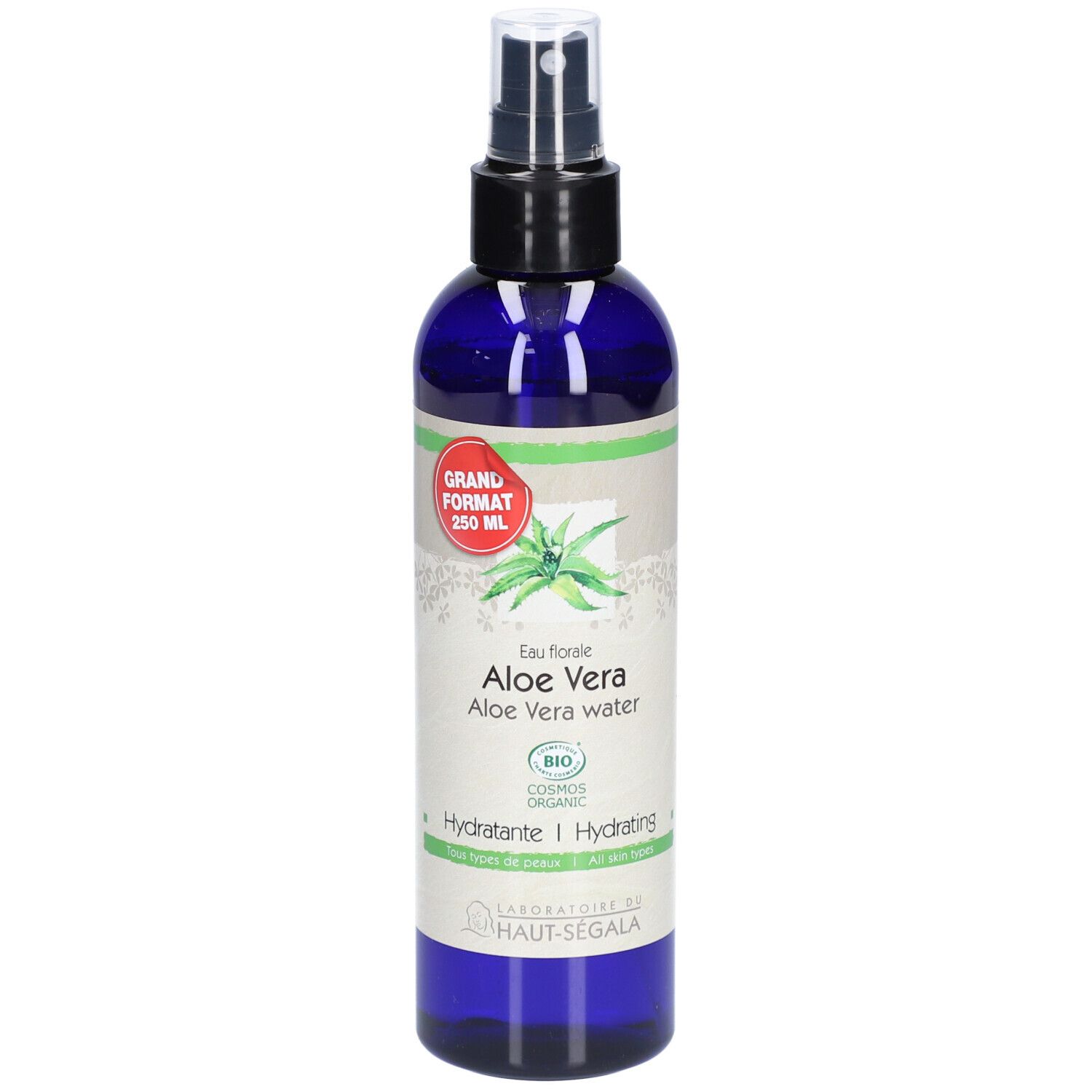 Flacon bleu avec vaporisateur. Inscription: Aloe Vera, 250 ml, Hydratante. Certification bio.