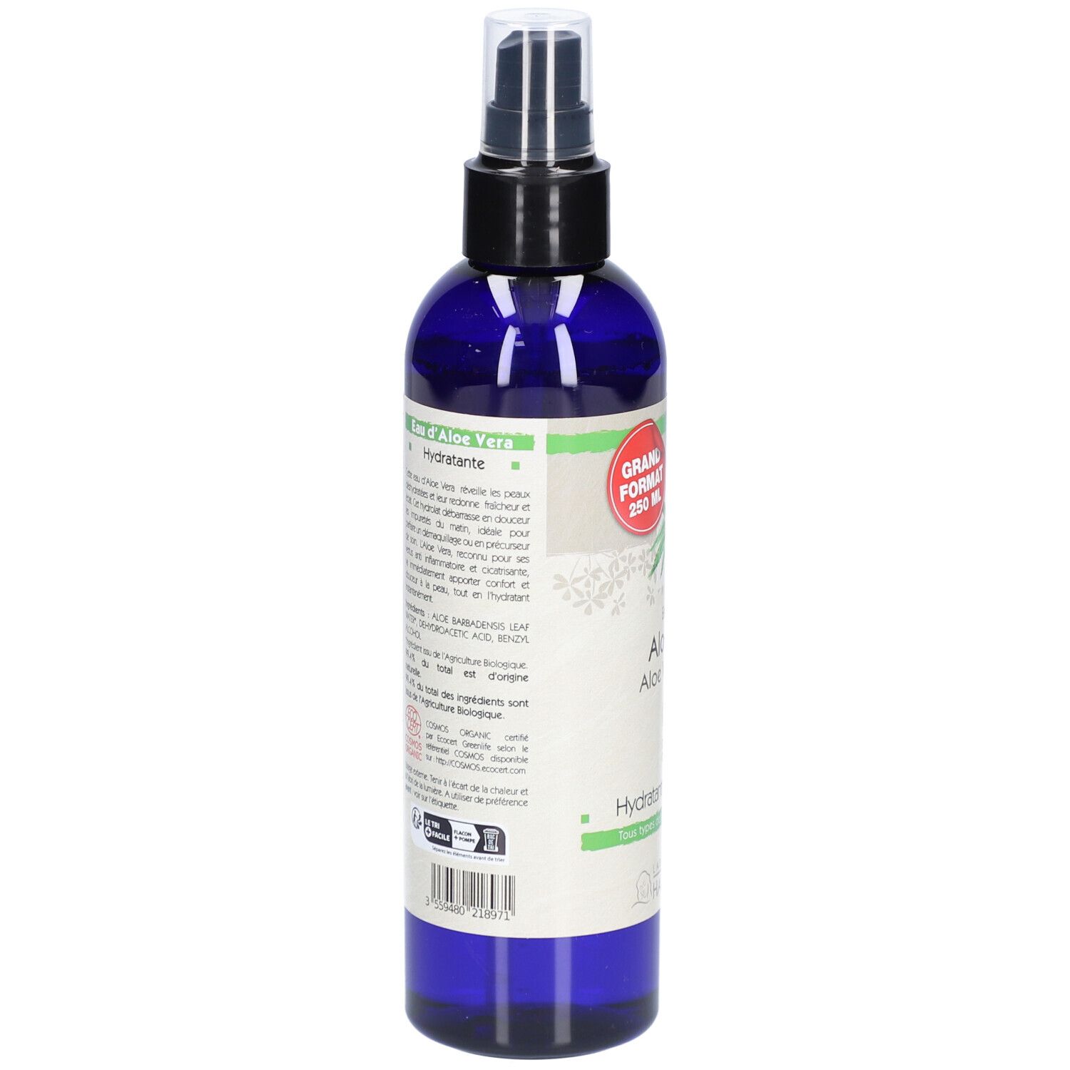 Dos du flacon bleu avec vaporisateur. Texte: Aloe Vera Water, Hydratante. Certification bio.