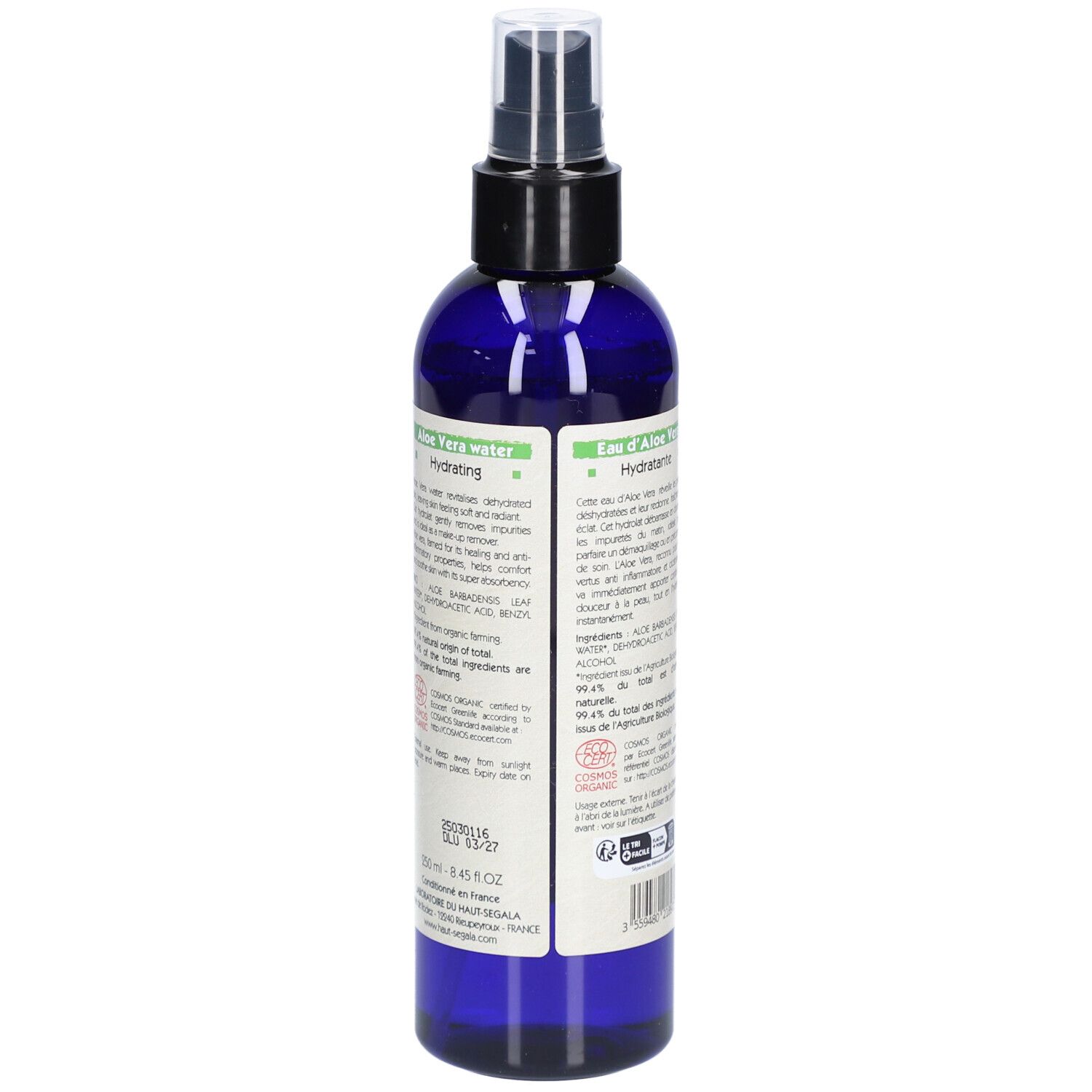 Dos du flacon bleu avec vaporisateur. Texte: Aloe Vera Water, Hydratante. Certification bio.