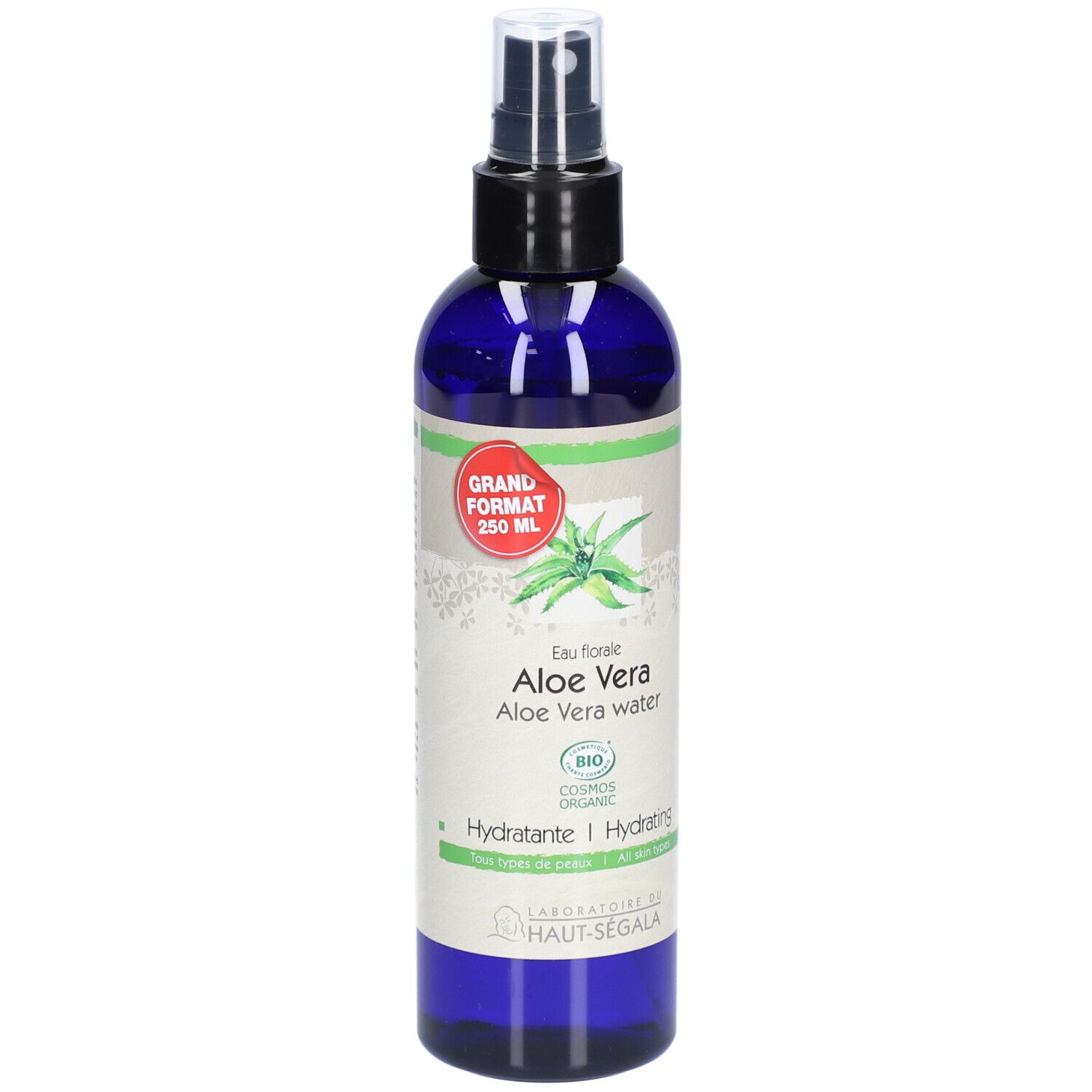 Flacon bleu avec vaporisateur. Inscription: Aloe Vera, 250 ml, Hydratante. Certification bio.