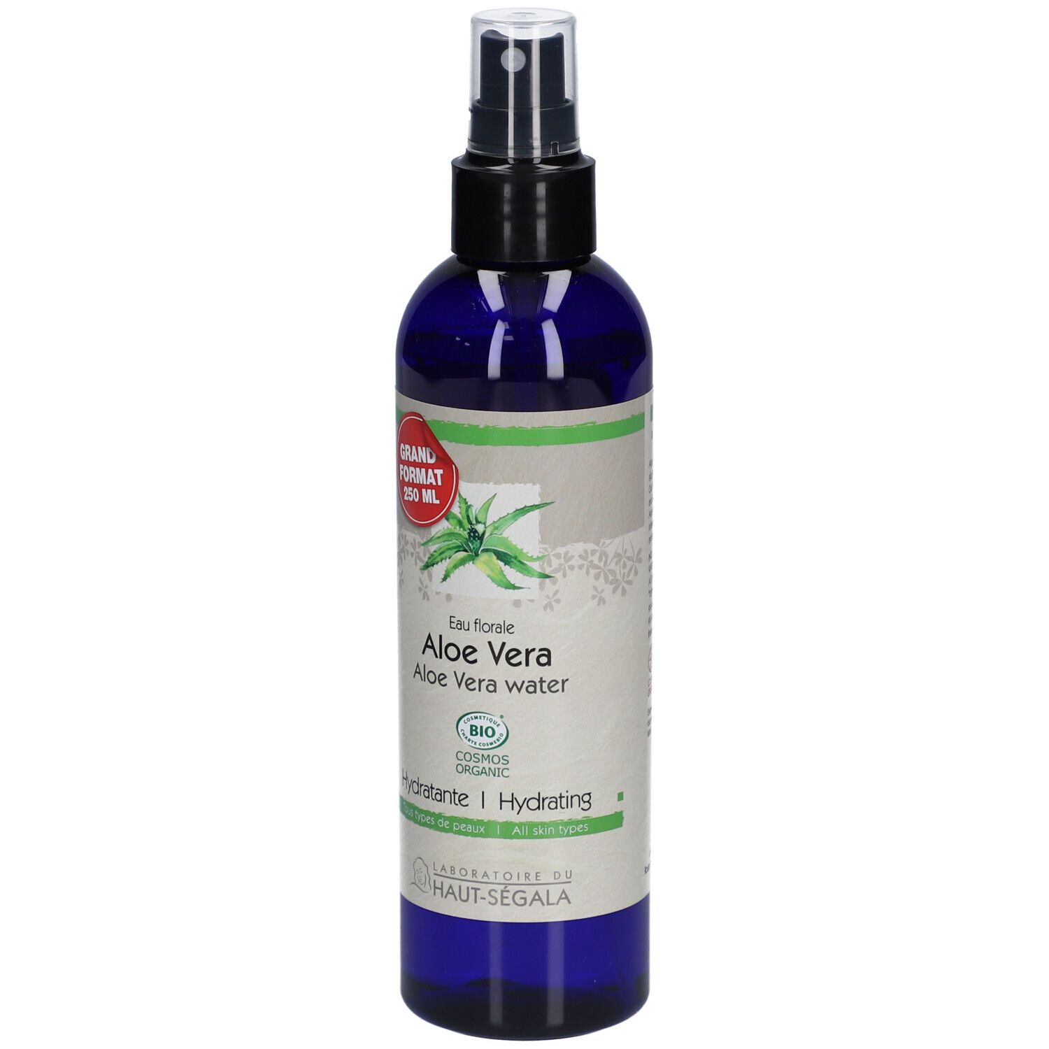 Flacon bleu avec vaporisateur. Inscription: Aloe Vera, 250 ml, Hydratante. Certification bio.