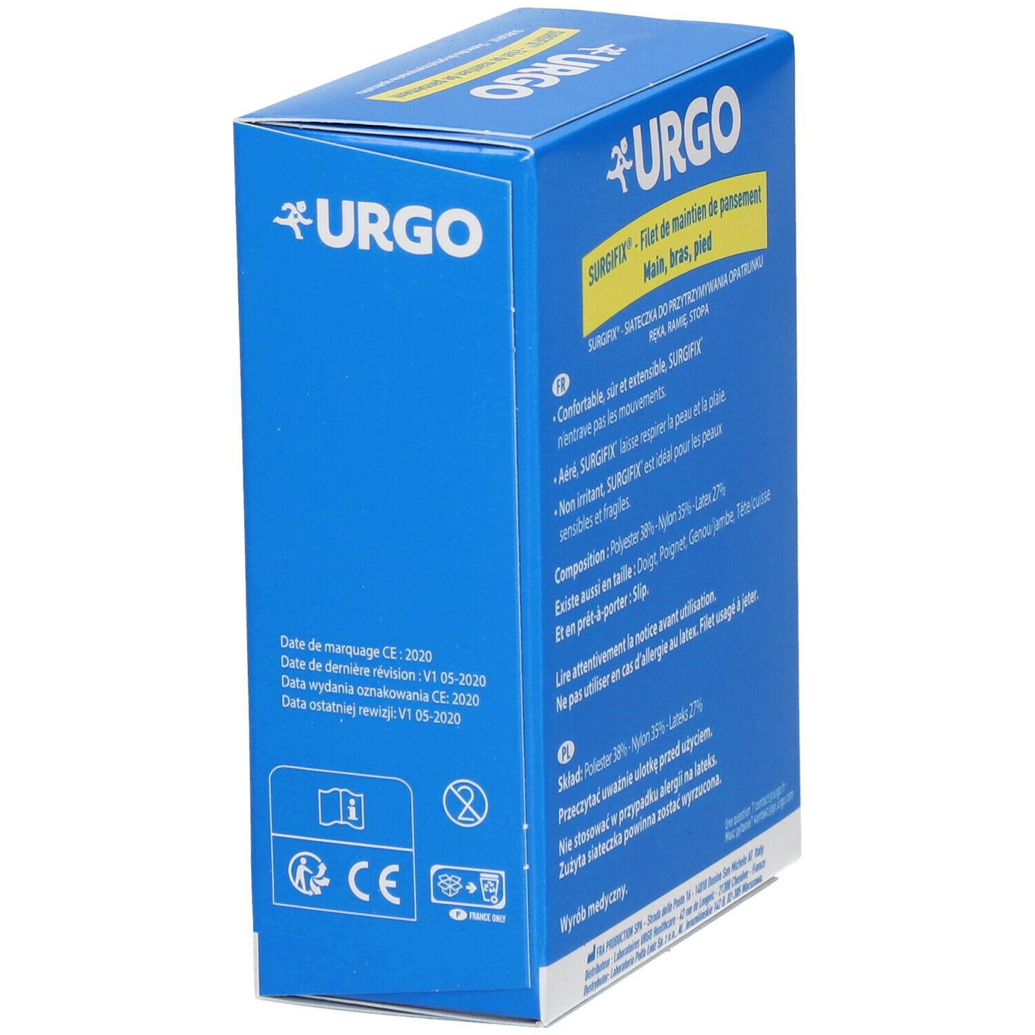 Boîte bleue. URGO Surgifix Filet de Maintien de pansement. Marquage CE. Dispositif médical. Informations en français.
