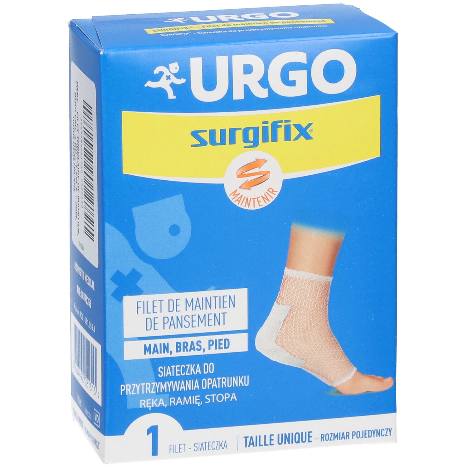 Boîte bleue et jaune. URGO Surgifix Filet de Maintien de pansement. Illustration: pied avec bandage en filet. Emballage individuel. Taille 5.