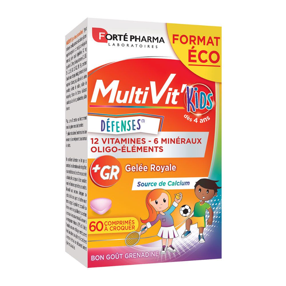Boîte de Forté Pharma MultiVit'Kids Défenses. Contient 60 comprimés. Illustrations d'enfants et informations produit.