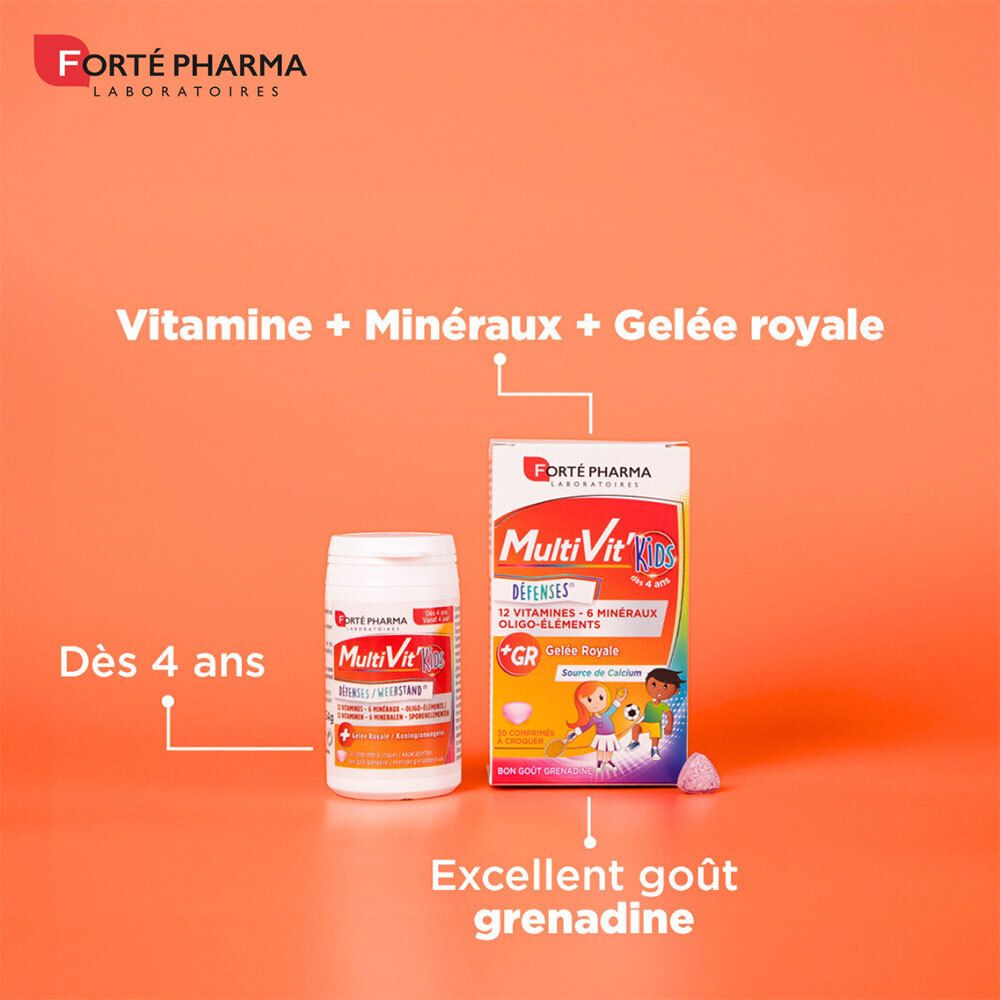 Présentation du produit: Forté Pharma MultiVit'Kids Défenses et un flacon. Texte: Vitamines + Minéraux + Gelée Royale.