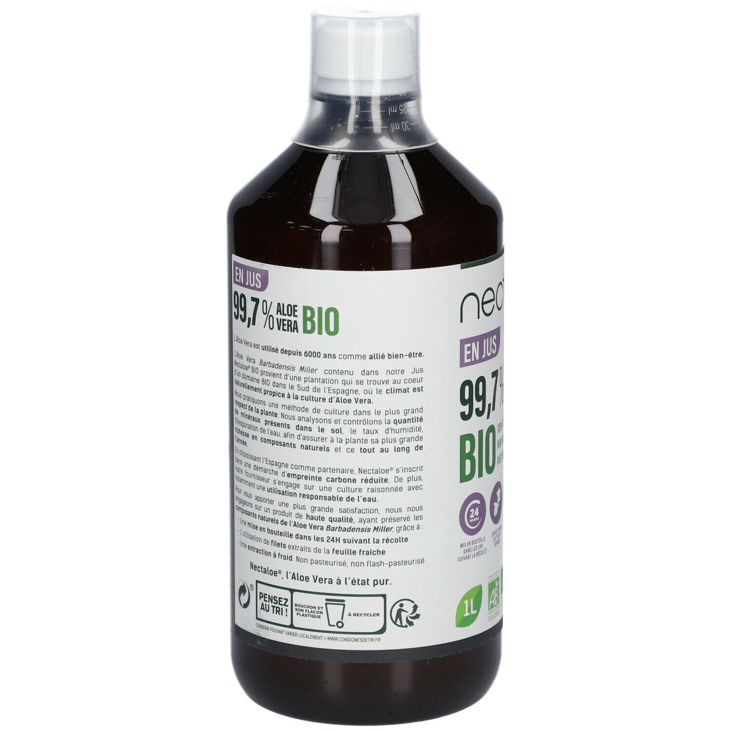 Bouteille marron avec bouchon blanc. Étiquette avec texte. 'nectaloe' et '99,7% Aloe Vera BIO' visibles. Texte en français.