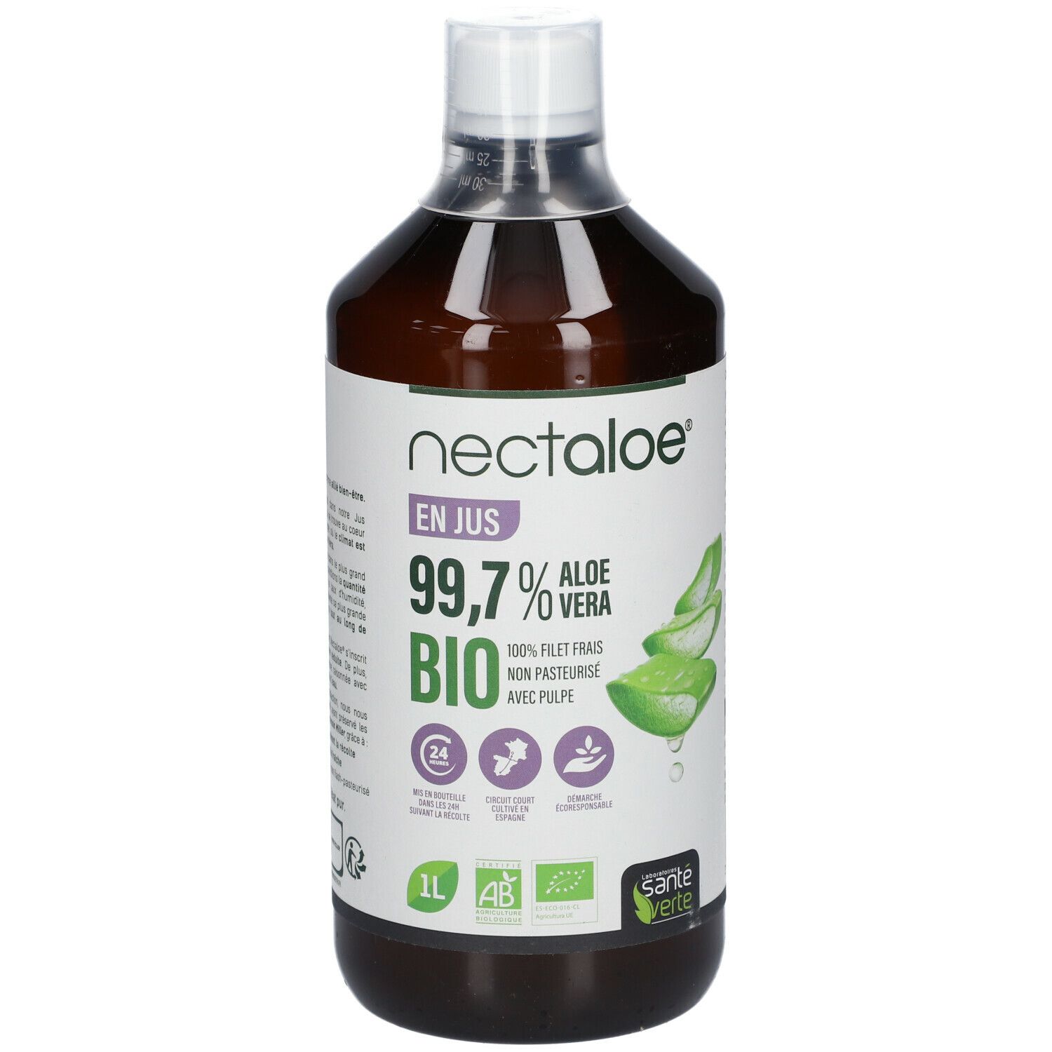 Bouteille marron avec bouchon blanc. Étiquette avec 'nectaloe' et '99,7% Aloe Vera BIO'. Illustration de feuilles d'aloe vera.