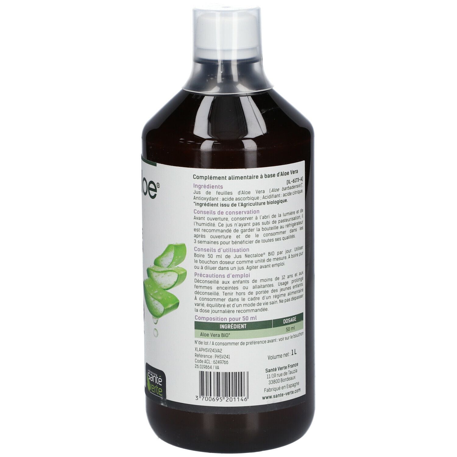 Bouteille marron avec bouchon blanc. Étiquette avec texte. 'nectaloe' et '99,7% Aloe Vera BIO' visibles. Texte en français.